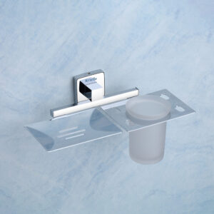 Wall Mounted Soap Dish with Tumbler Holder – Premium Brass Bathroom Accessory with Frosted Glass – Chrome Finish – DR 809