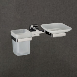 Wall-Mounted Dual Holder – Frosted Glass Soap Dish & Tumbler | Solid Brass | Chrome Finish | LBA 1508