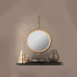 20” Contemporary Round Hanging Mirror with Artistic Handle | Brushed Gold Metal Frame for Modern Entryways & Accent Walls | Model: LMF 118